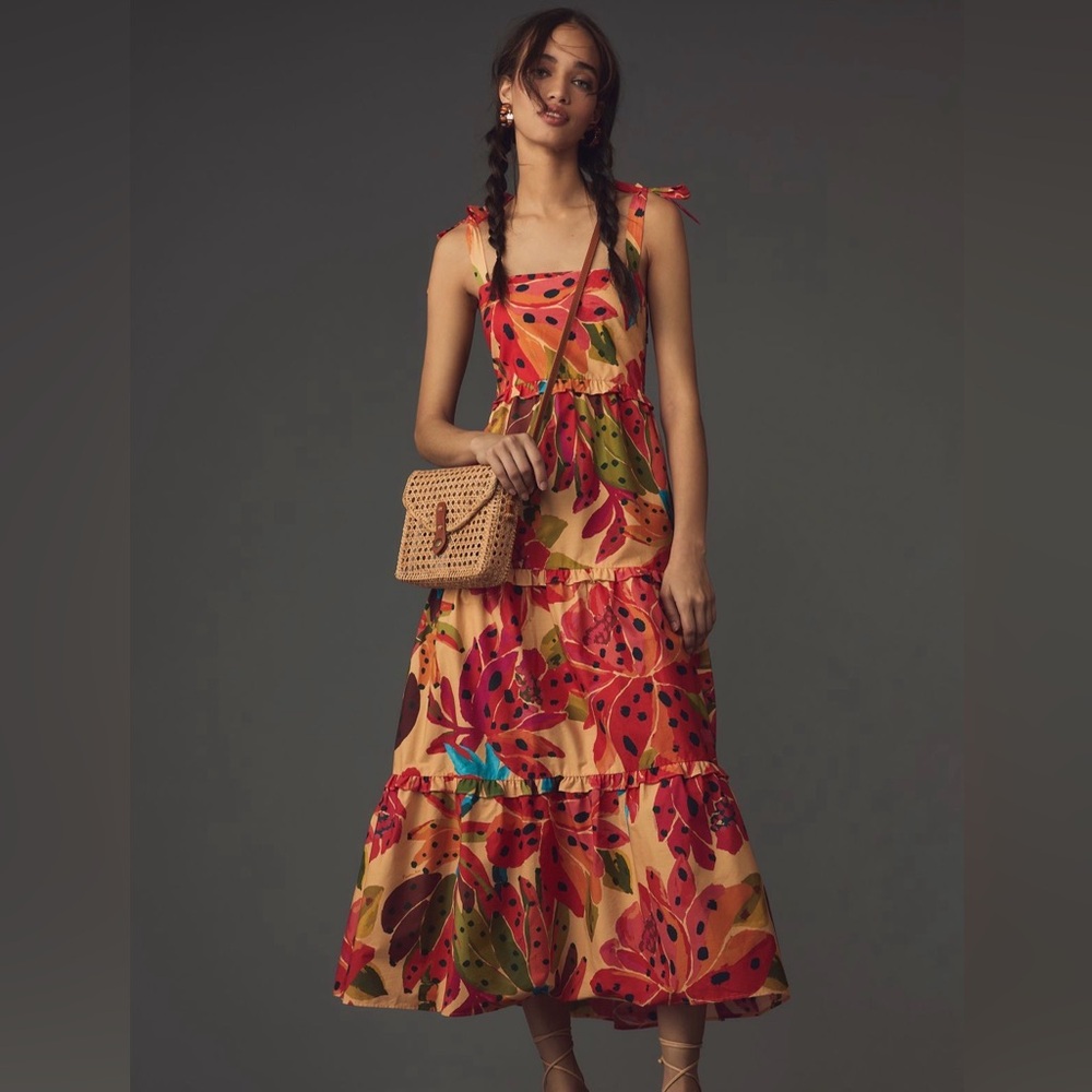 Farm Rio- Anthropologie Colorful Leaf Print Maxi Dress